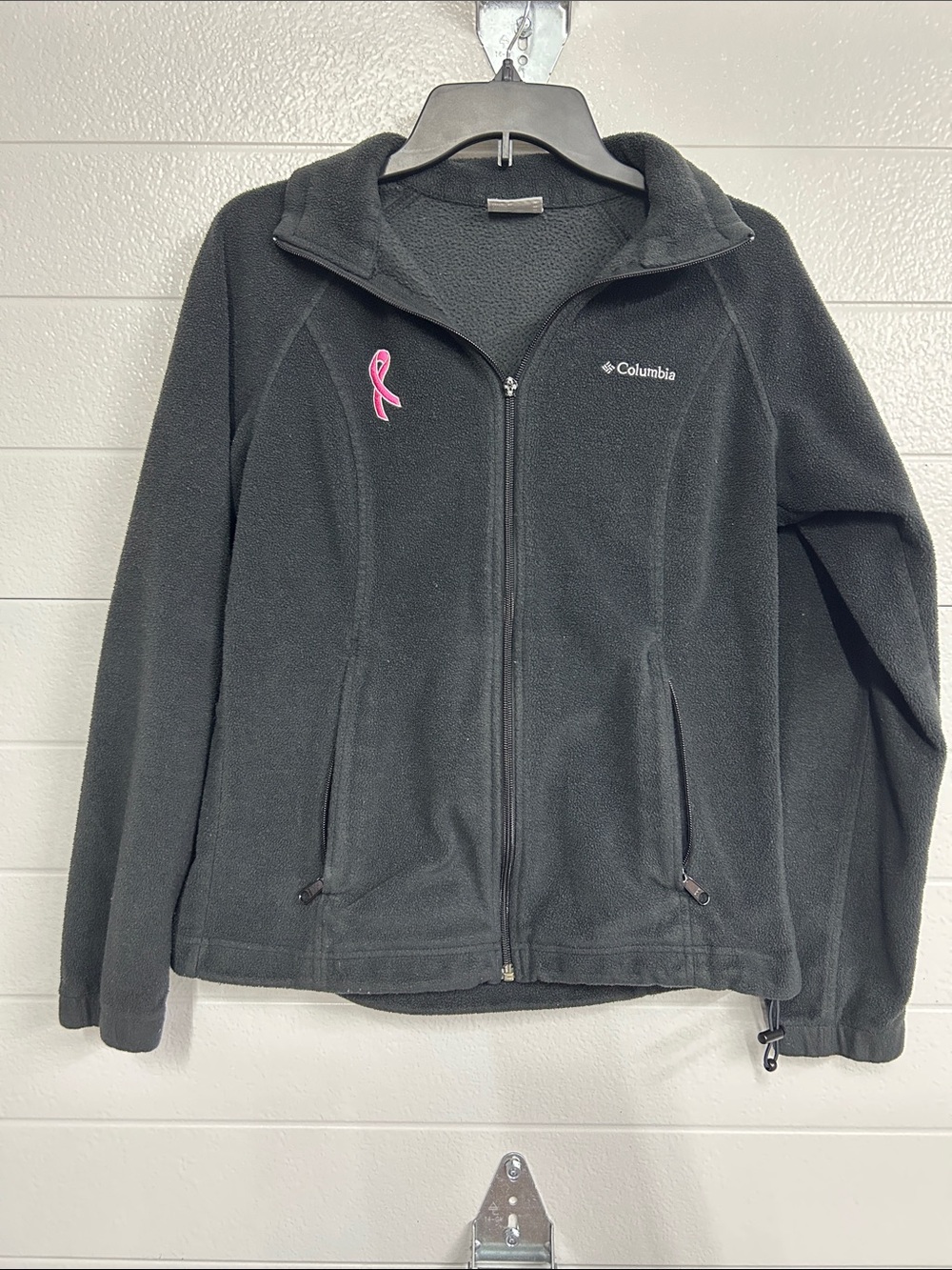 Columbia Black Full‑Zip Teddy Fleece Jacket with Pink Ribbon Accent